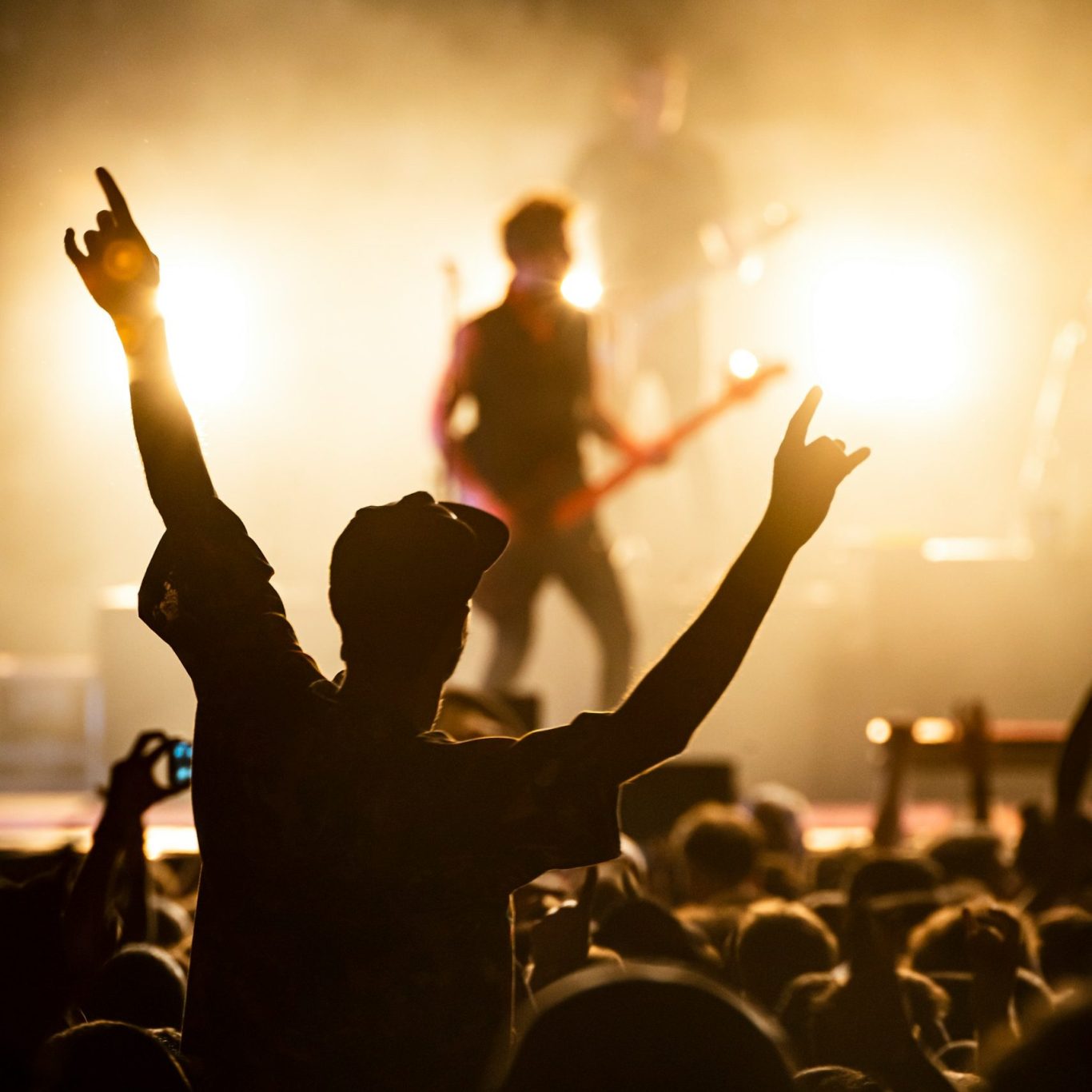 Fans jubeln mit erhobenen Händen vor der Bühne bei einem Rockkonzert
